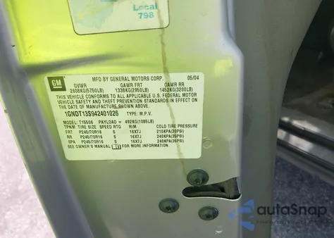 2004 Chevrolet Trailblazer Lt из США, поврежденный, VIN 1GNDT13S942401026